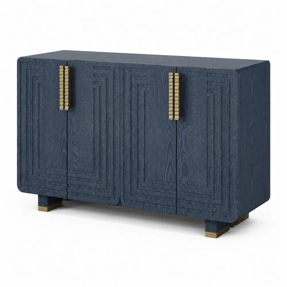 Credenza in Legno Composito Blu con Maniglie in Metallo Dorato, 120x40x80 cm