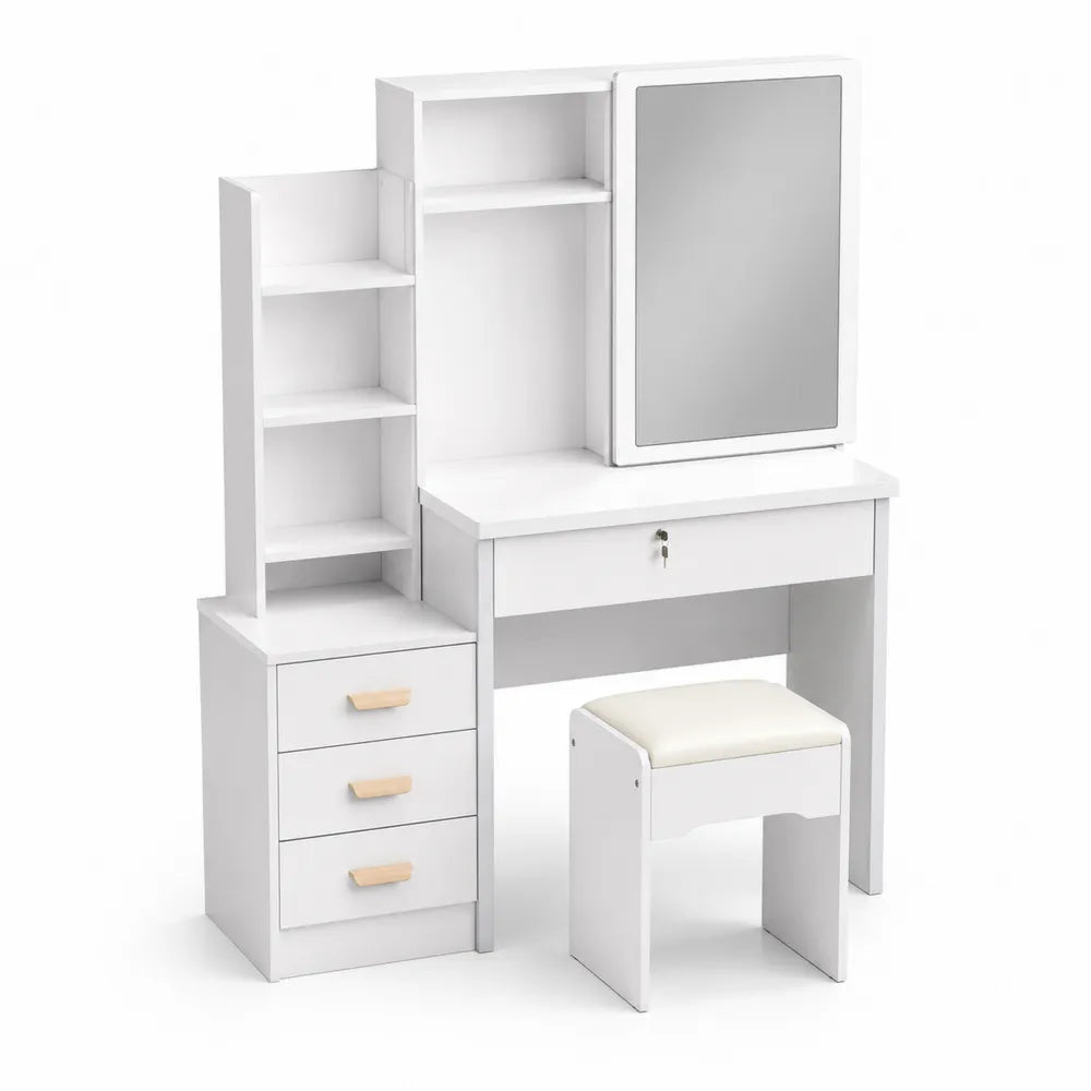 Toeletta in Legno MDF con Specchio e Sgabello Bianco