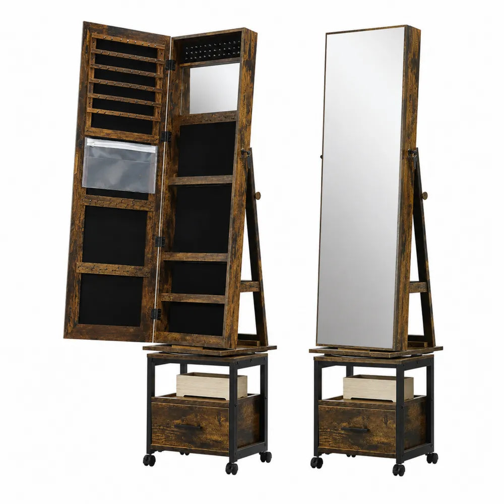 Armadio Organizer per Gioielli con Specchio a Figura Intera in Legno e Metallo