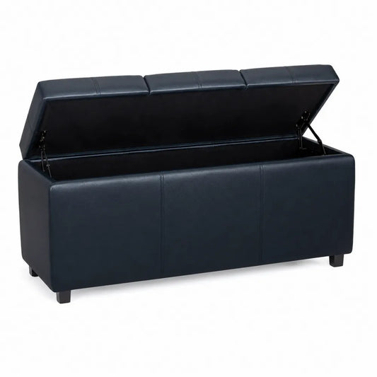 Poggiapiedi Contenitore in Pelle PU Blu con Struttura in Legno Composito