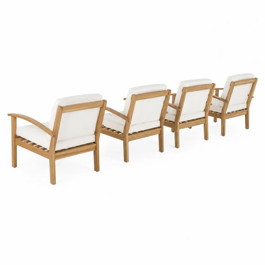 Set di 4 Sedie da Giardino in Teak con Cuscini Crema