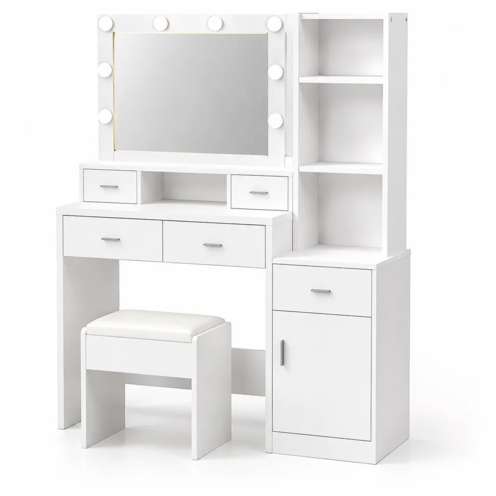 Tavolo da toeletta in legno MDF bianco con specchio illuminato e sgabello imbottito