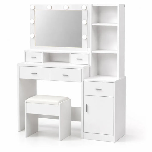 Tavolo da toeletta in legno MDF bianco con specchio illuminato e sgabello imbottito