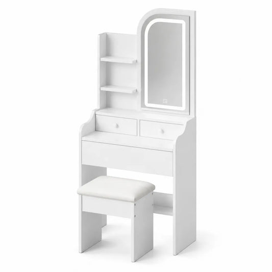 Toeletta in MDF con Specchio LED e Sgabello Bianco