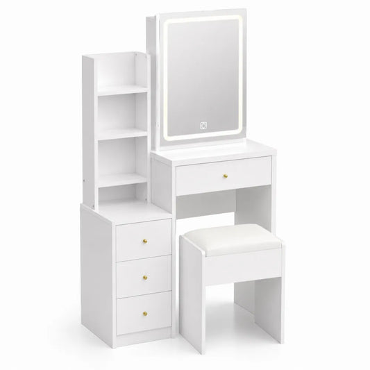 Tavolo da Toilette Legno con Specchio LED e Sgabello Bianco