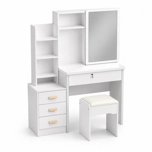 Toeletta in Legno MDF con Specchio e Sgabello Bianco