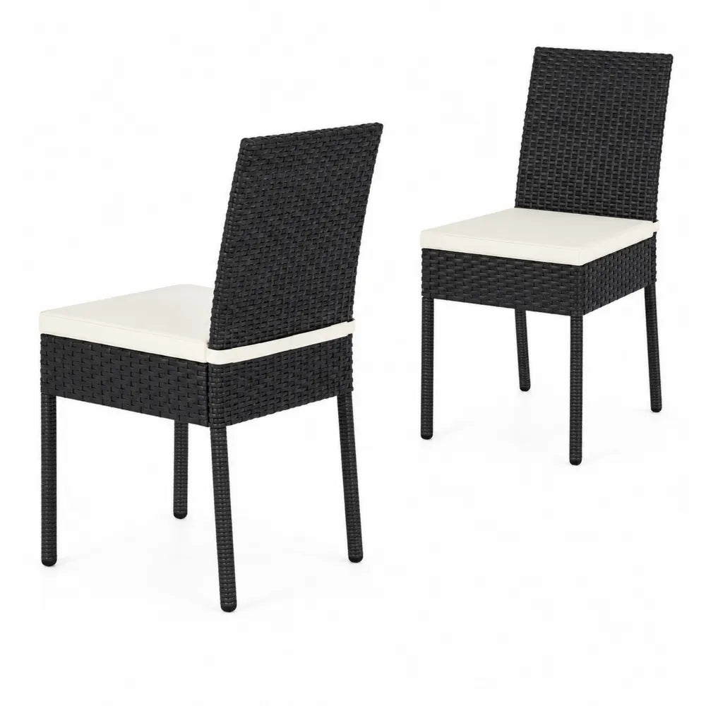 Set di 2 Sedie in Rattan Nero con Cuscini in Poliestere Crema