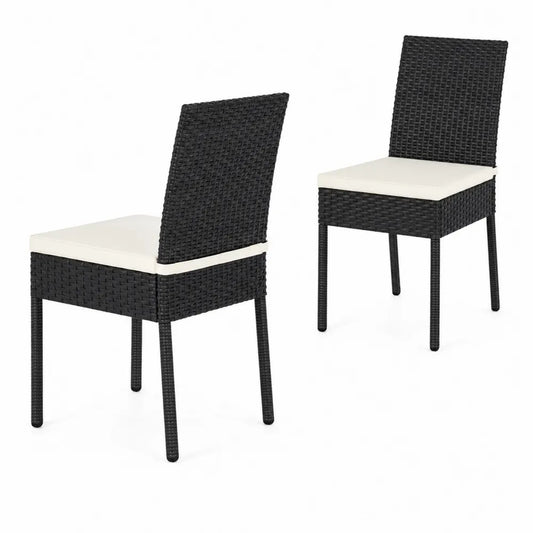 Set di 2 Sedie in Rattan Nero con Cuscini in Poliestere Crema