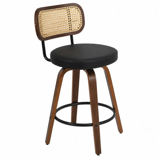 Sgabello da bar in ecopelle con schienale in rattan e base in legno e metallo