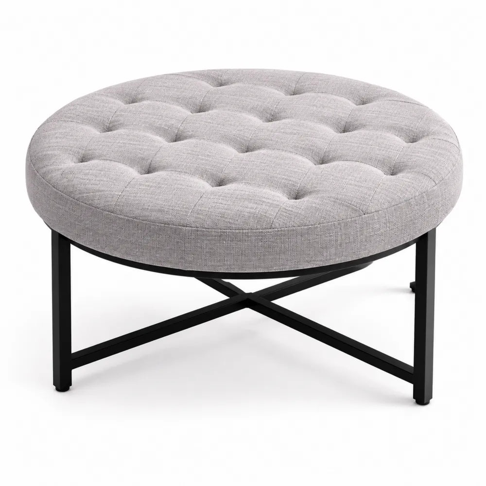 Pouf rotondo in tessuto di lino metallo 80 cm Grigio