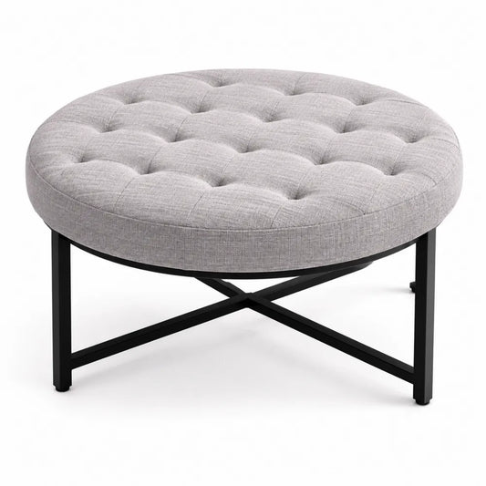 Pouf rotondo in tessuto di lino metallo 80 cm Grigio