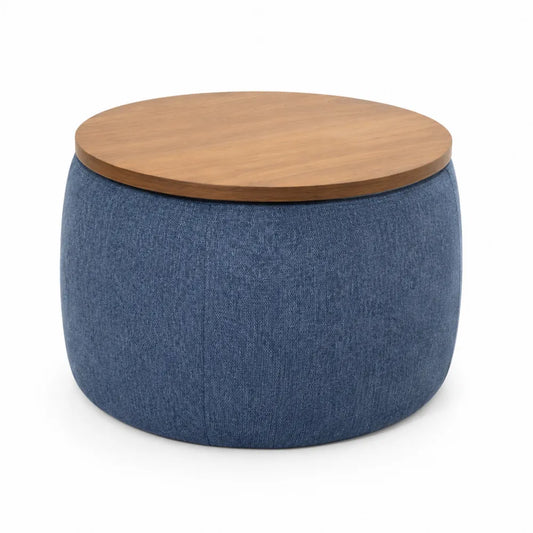 Poggiapiedi rotondo in legno e poliestere Blu 45 cm