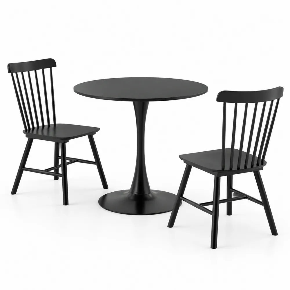 Set da pranzo in legno con tavolo rotondo e 2 sedie nere
