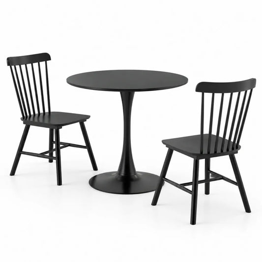 Set da pranzo in legno con tavolo rotondo e 2 sedie nere