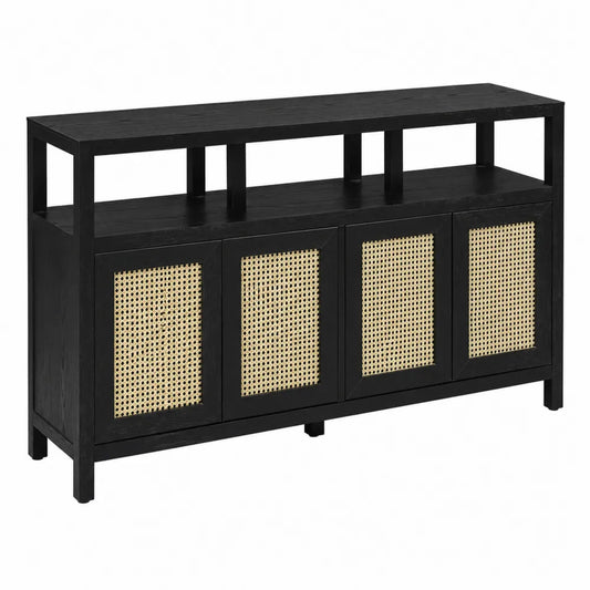 Credenza in Legno Nero con Ante in Rattan